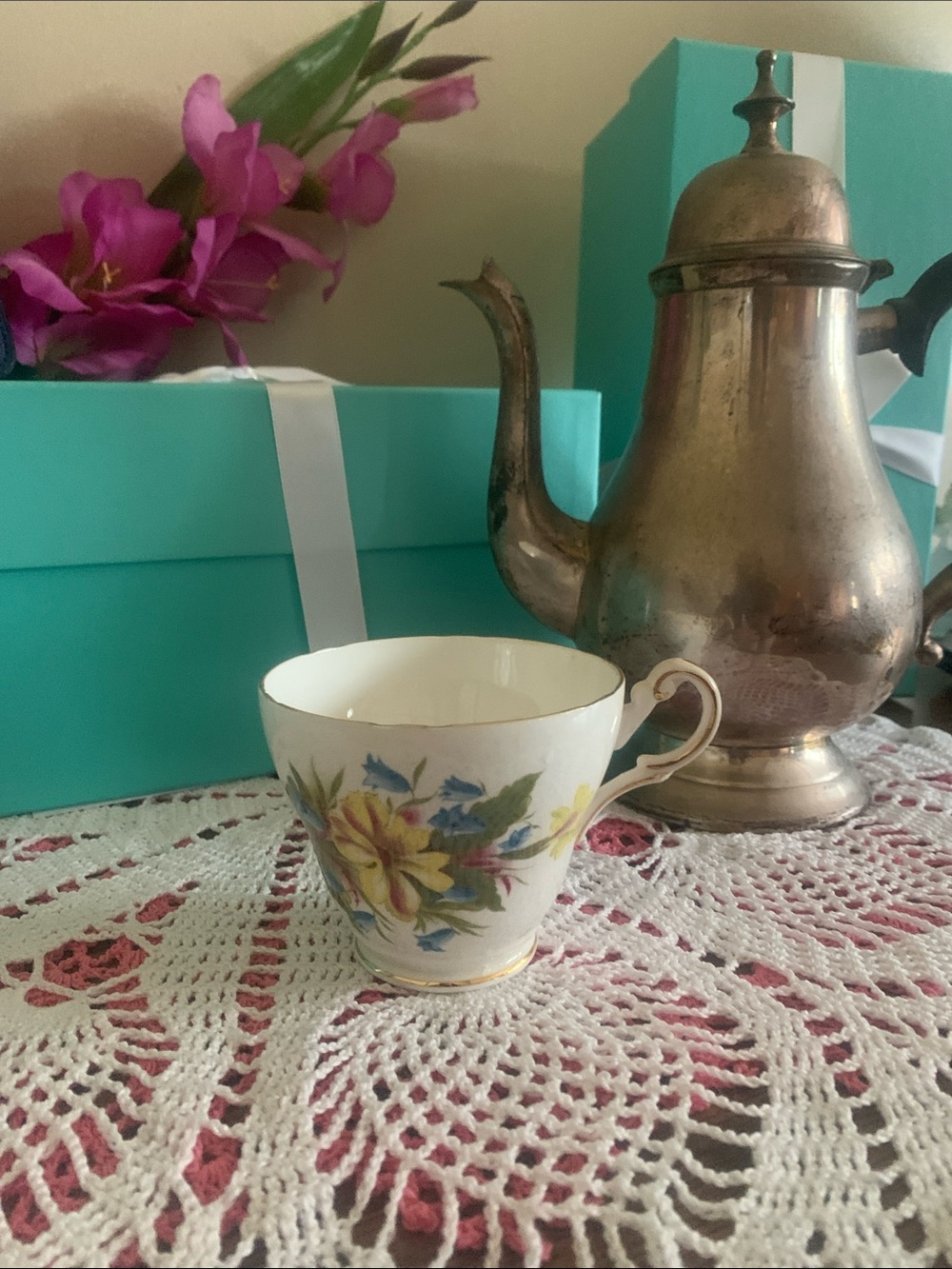 Vintage Floral Bone China Teacup - White with Multicolor Floral Pattern
